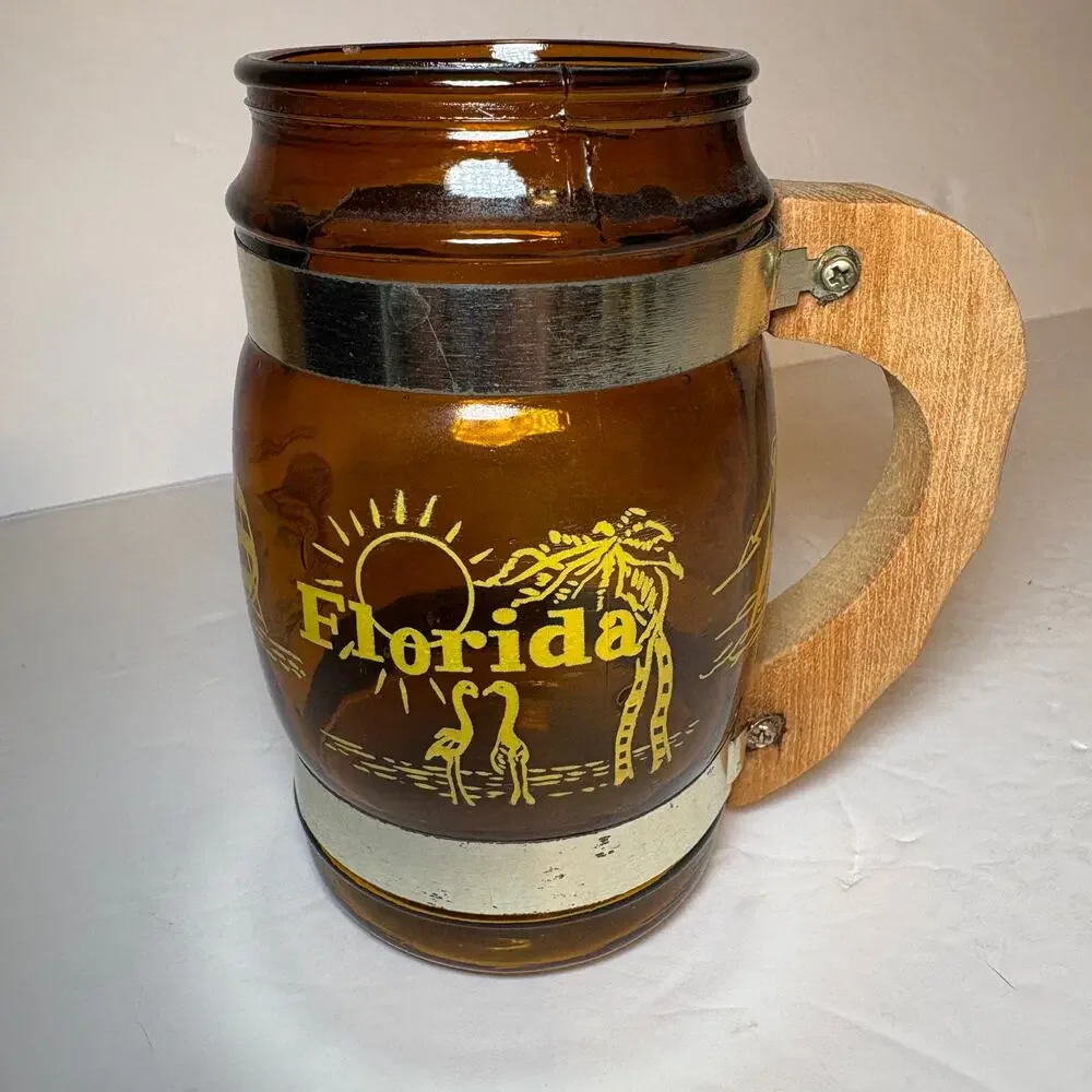 Vintage Florida Souvenir Brown Glass Barrel Mug Wood Handle